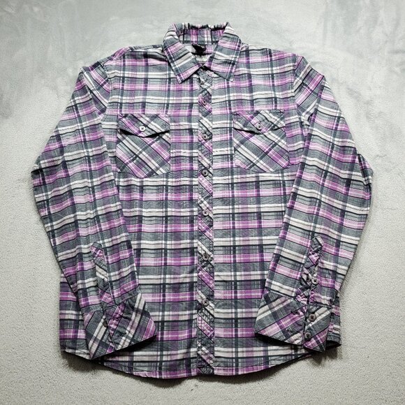 Social Collision Long Sleeve Button Up Plaid Shirt Purple Black Gray Men Sz L - Picture 1 of 10